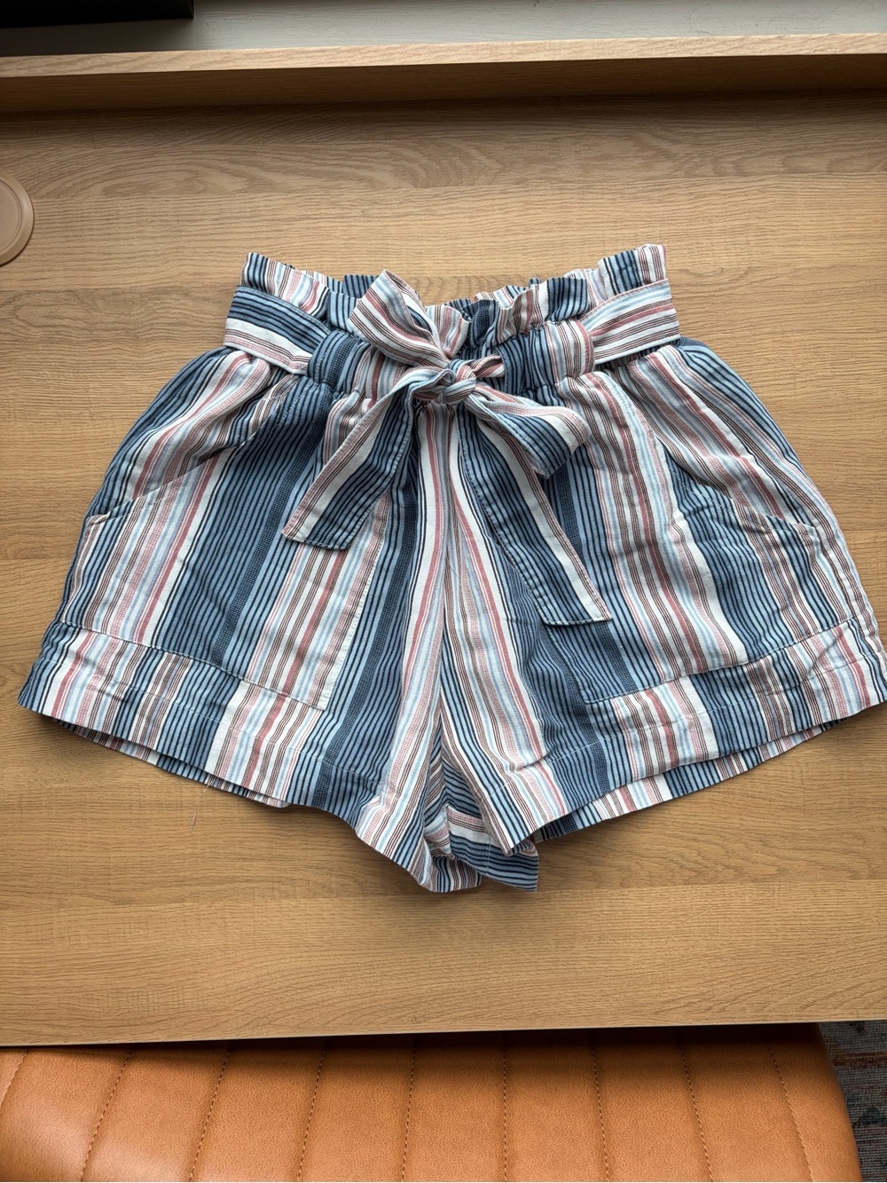 High-Waisted Paperbag Tie Shorts in Blue Brown and Pink Stripe